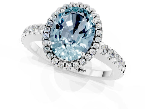 White gold Oval Cut Aquamarine Halo Engagement Ring with Pavé Band and Prong Setting_13