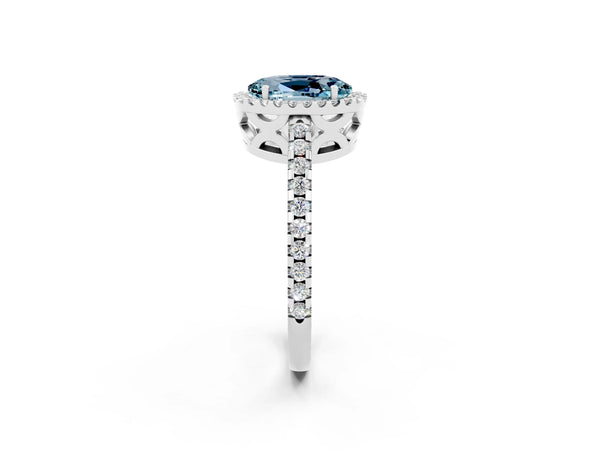 White gold Oval Cut Aquamarine Halo Engagement Ring with Pavé Band and Prong Setting