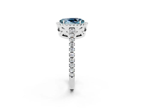 White gold Oval Cut Aquamarine Halo Engagement Ring with Pavé Band and Prong Setting_14