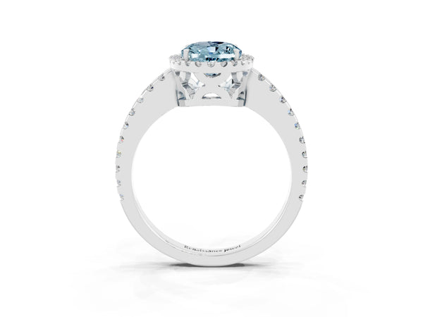 White gold Oval Cut Aquamarine Halo Engagement Ring with Pavé Band and Prong Setting