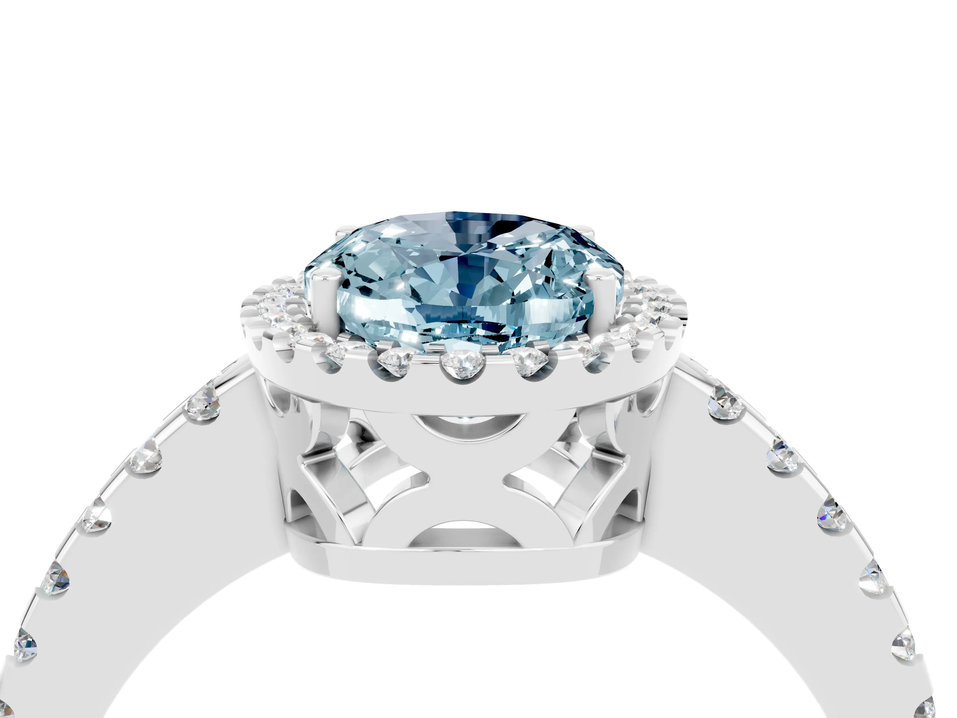White gold Oval Cut Aquamarine Halo Engagement Ring with Pavé Band and Prong Setting_16