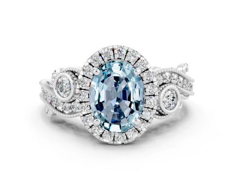 White gold Oval Cut Aquamarine Halo Ring with Milgrain Pavé Band and Four-Prong Setting_12