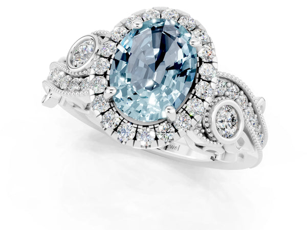 Platinum Oval Cut Aquamarine Halo Ring with Milgrain Pavé Band and Four-Prong Setting