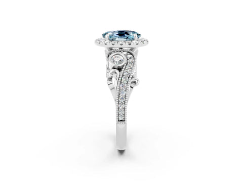 White gold Oval Cut Aquamarine Halo Ring with Milgrain Pavé Band and Four-Prong Setting_14