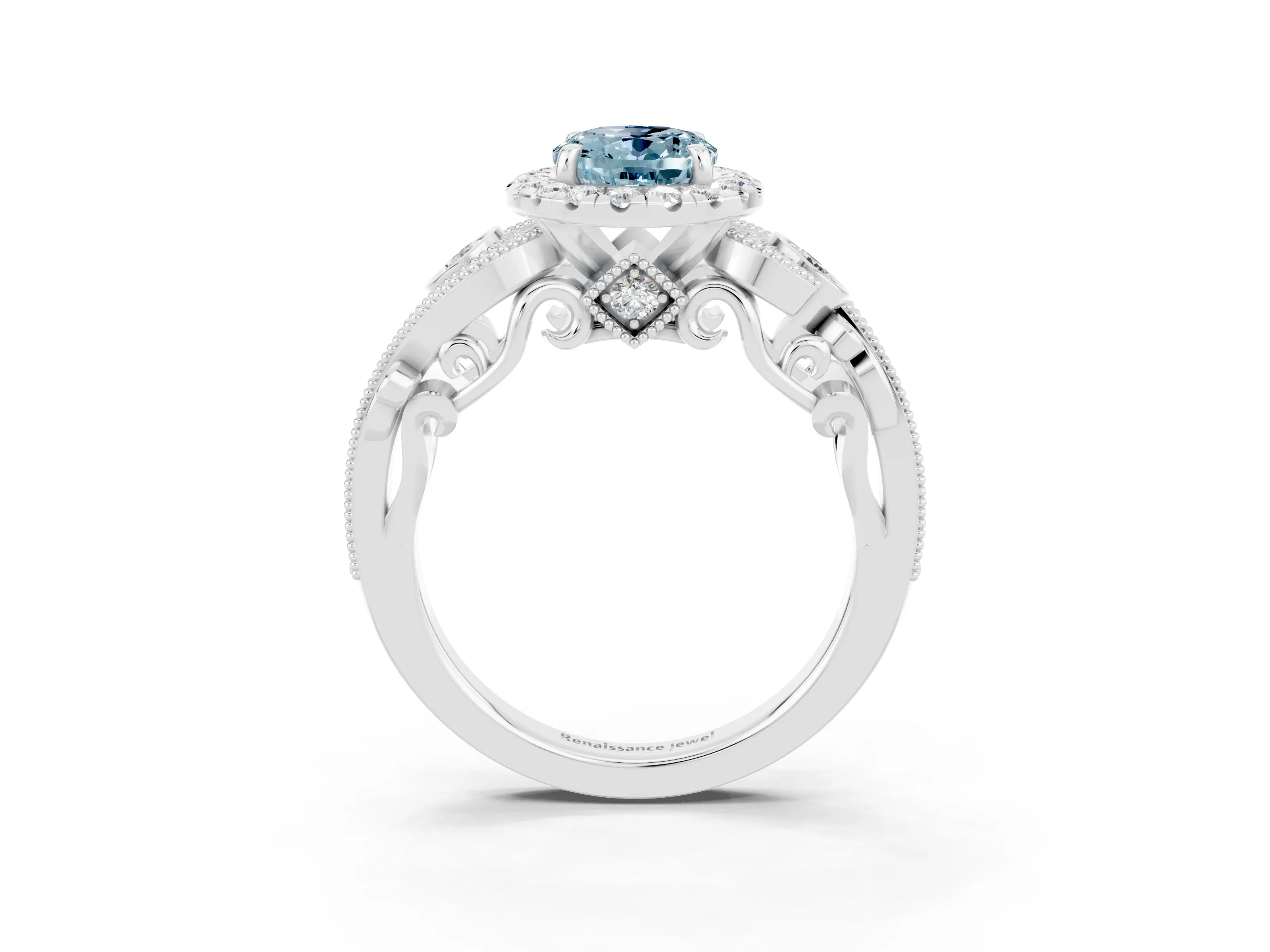 White gold Oval Cut Aquamarine Halo Ring with Milgrain Pavé Band and Four-Prong Setting_15