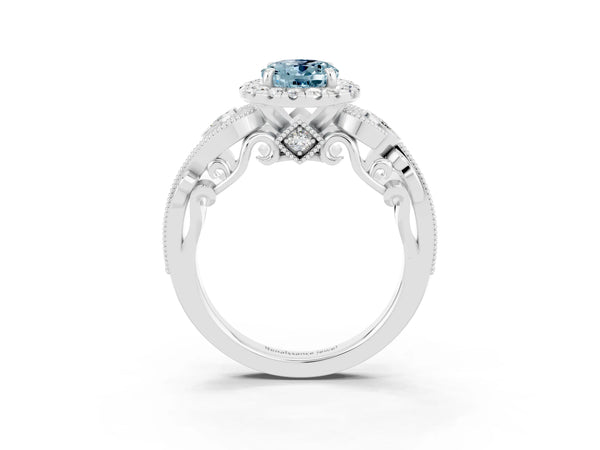 Silver Oval Cut Aquamarine Halo Ring with Milgrain Pavé Band and Four-Prong Setting