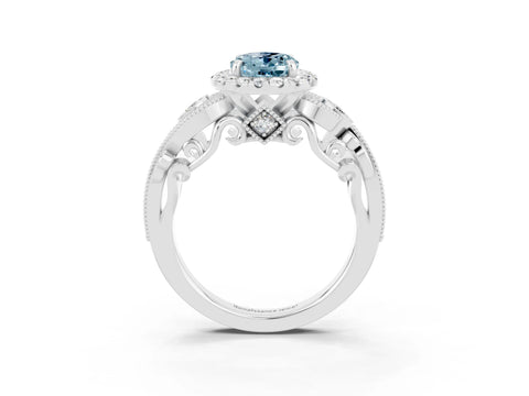 White gold Oval Cut Aquamarine Halo Ring with Milgrain Pavé Band and Four-Prong Setting_15