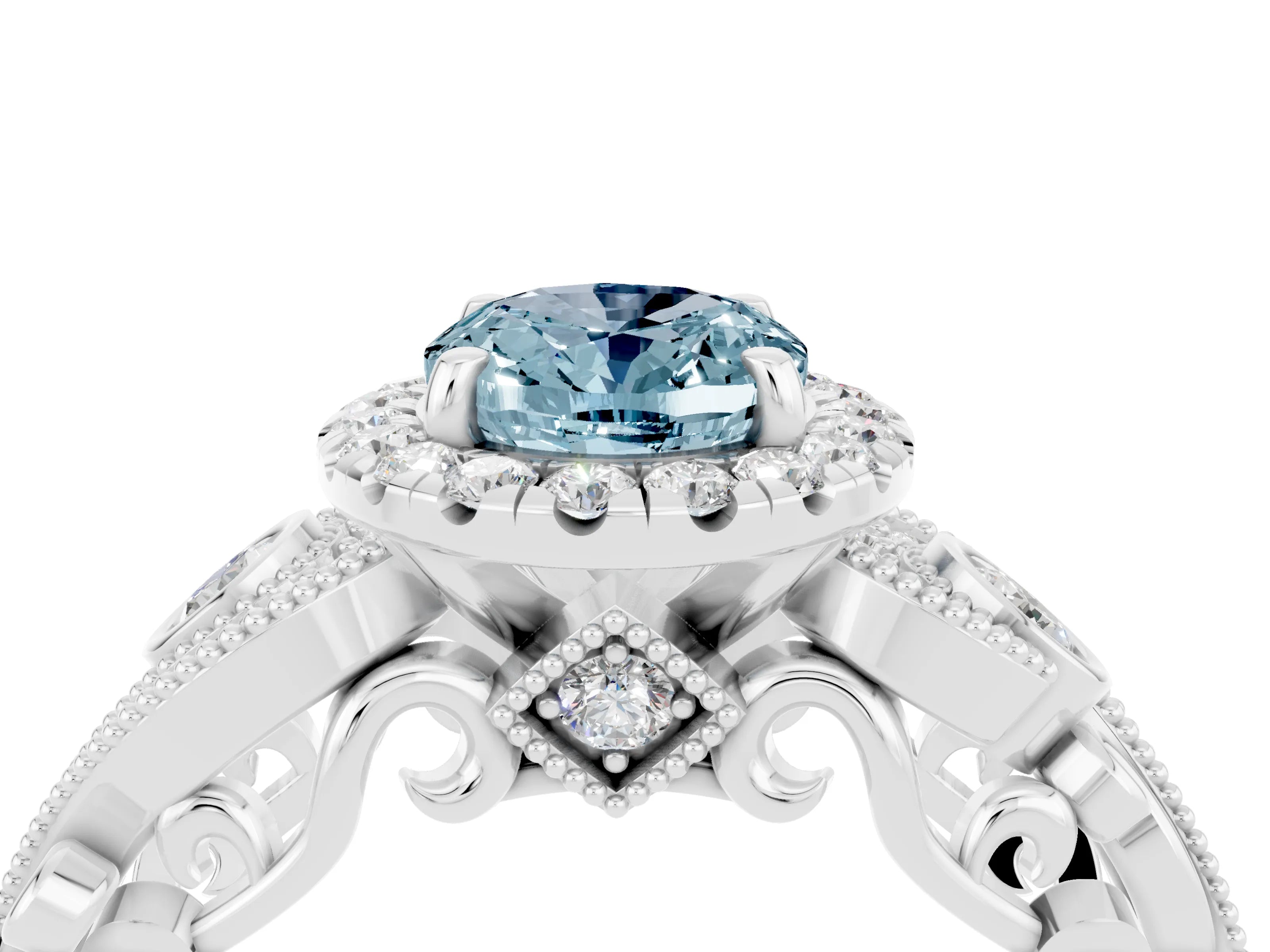 White gold Oval Cut Aquamarine Halo Ring with Milgrain Pavé Band and Four-Prong Setting_16