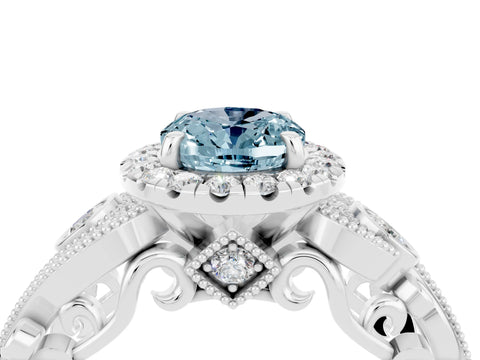 White gold Oval Cut Aquamarine Halo Ring with Milgrain Pavé Band and Four-Prong Setting_16