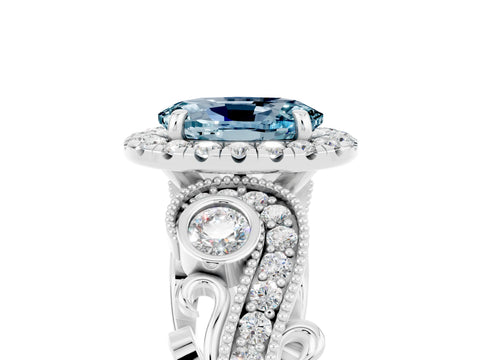 White gold Oval Cut Aquamarine Halo Ring with Milgrain Pavé Band and Four-Prong Setting_17