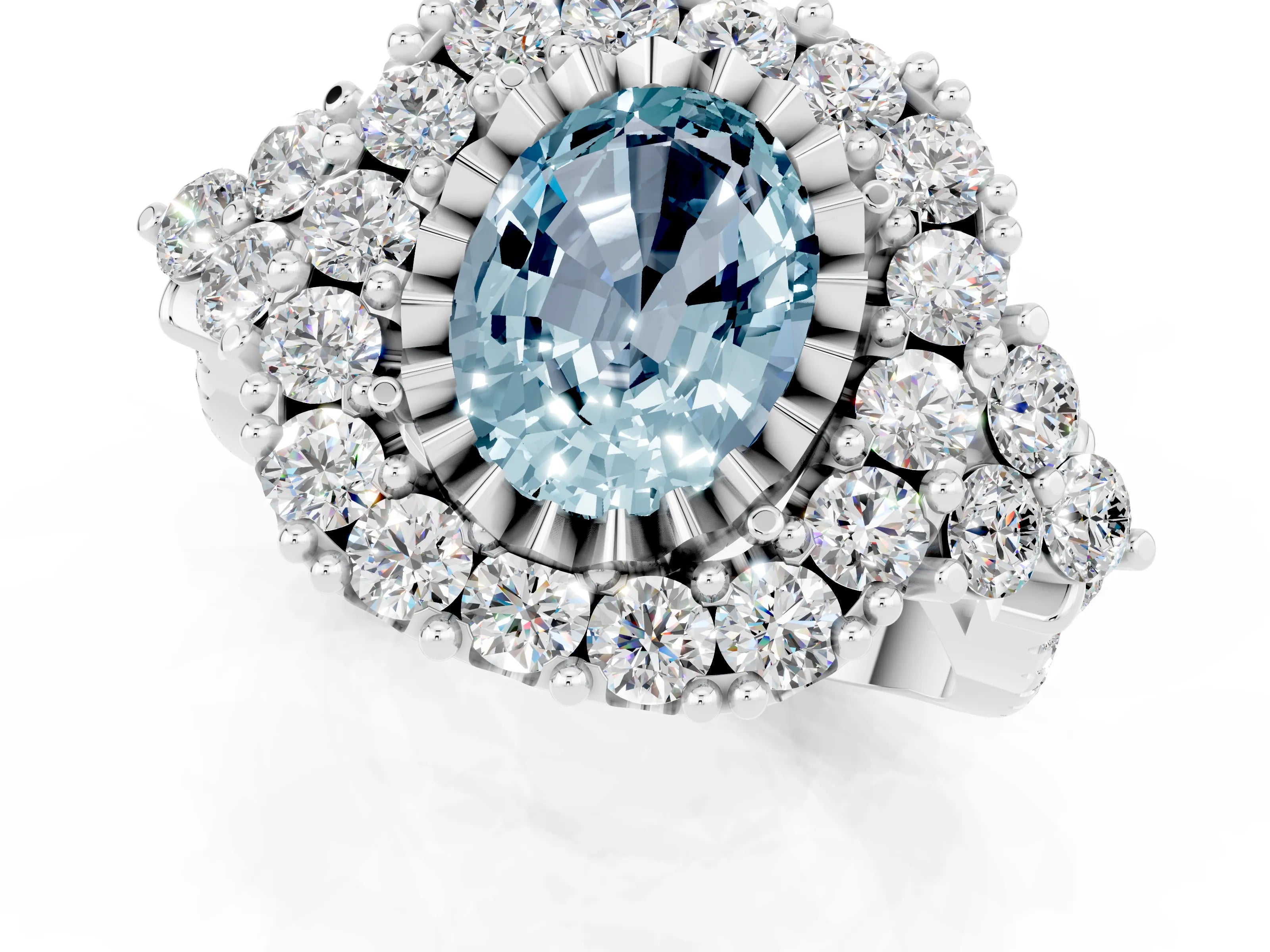 White gold Oval Cut Aquamarine Halo Ring with Pavé Band and Four-Prong Setting_31