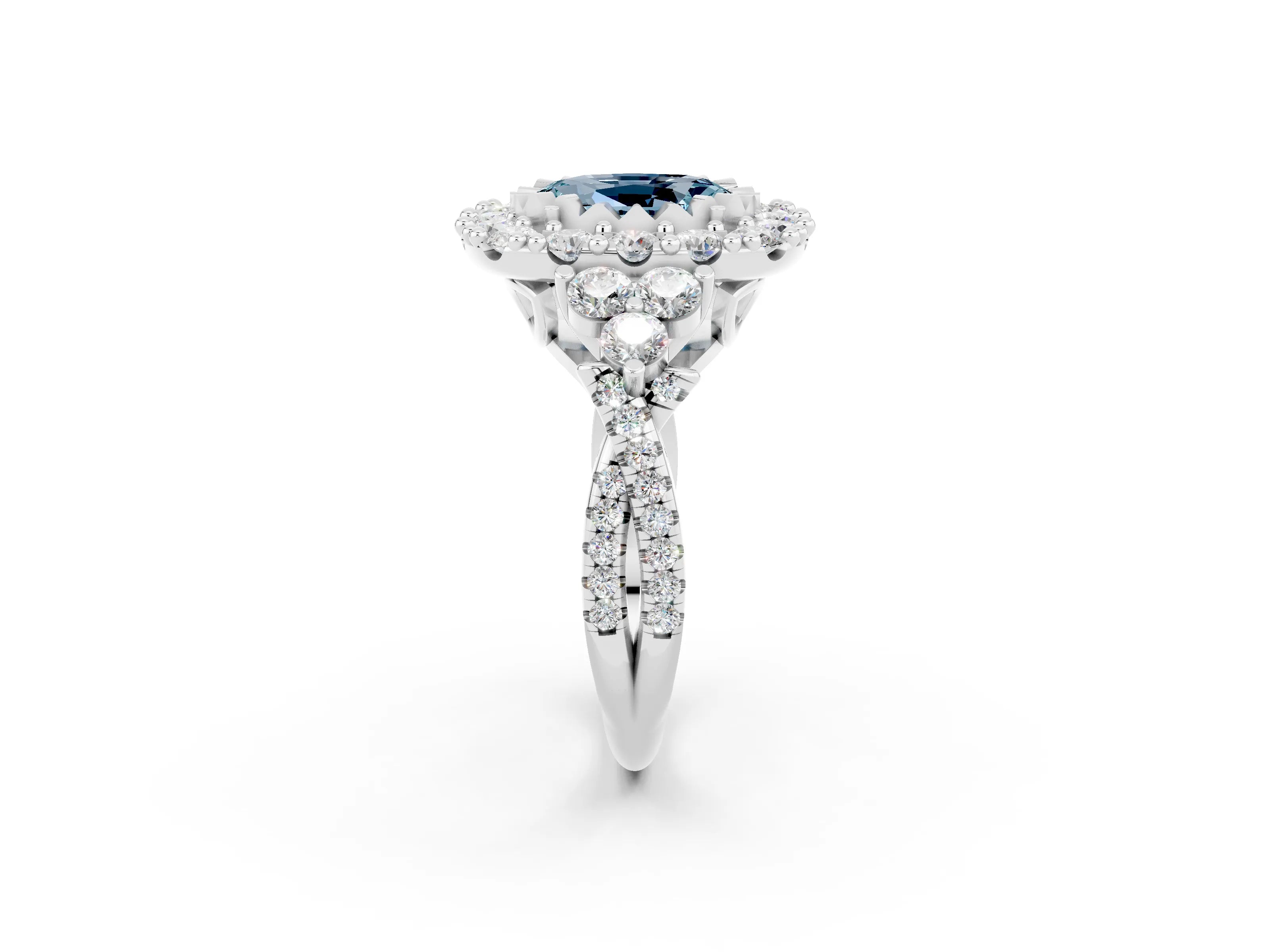 White gold Oval Cut Aquamarine Halo Ring with Pavé Band and Four-Prong Setting_33
