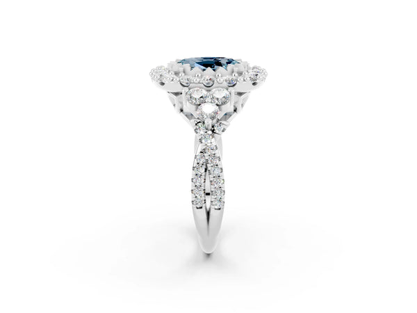 Silver Oval Cut Aquamarine Halo Ring with Pavé Band and Four-Prong Setting