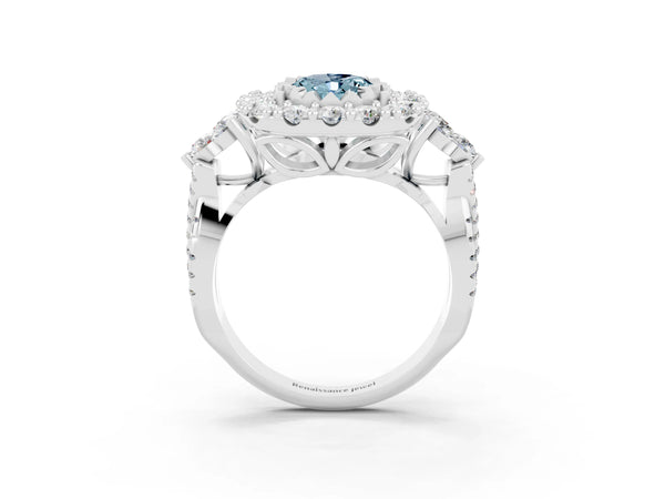 Silver Oval Cut Aquamarine Halo Ring with Pavé Band and Four-Prong Setting