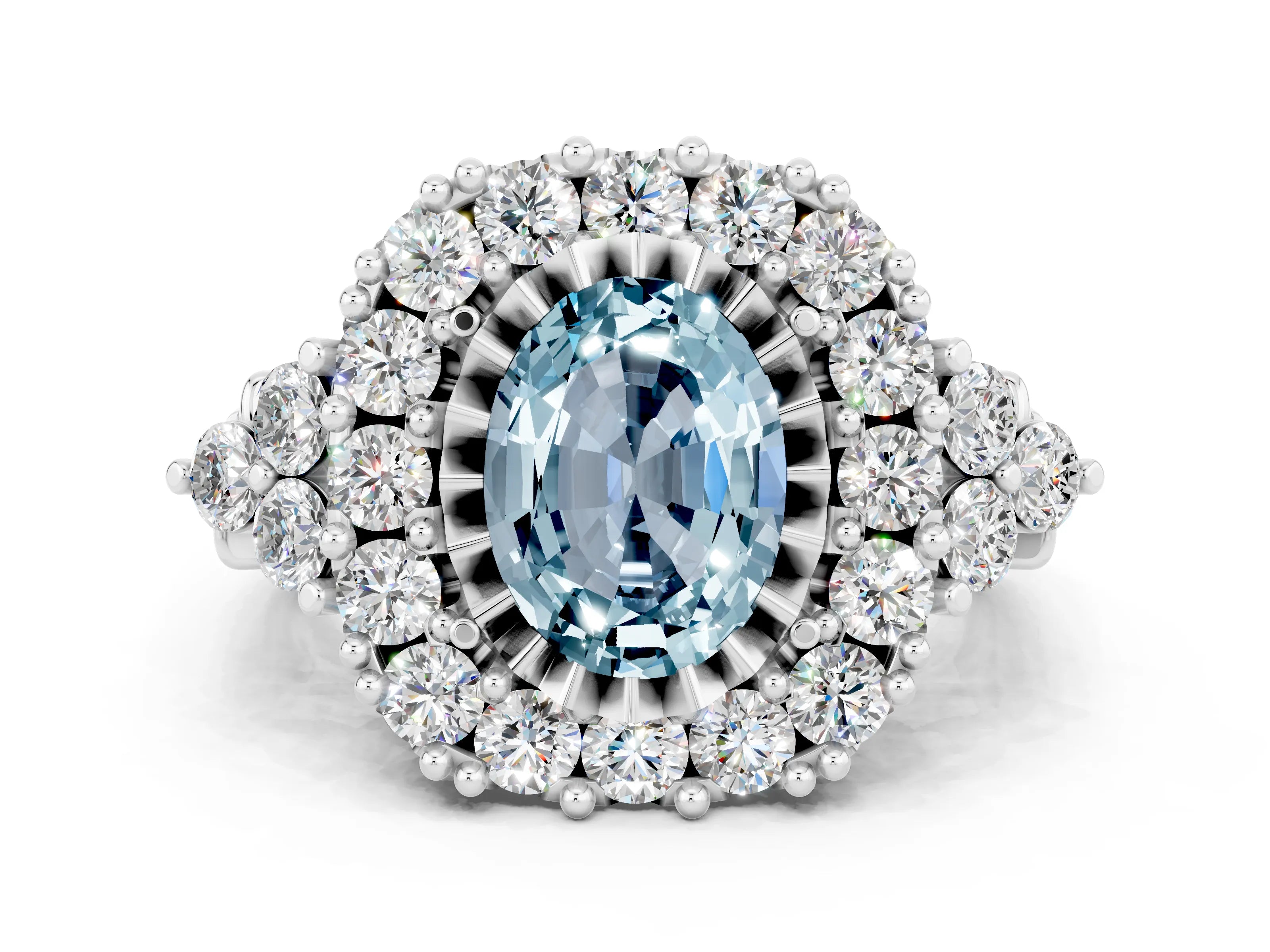 White gold Oval Cut Aquamarine Halo Ring with Pavé Band and Four-Prong Setting_36