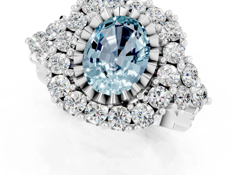White gold Oval Cut Aquamarine Halo Ring with Pavé Band and Four-Prong Setting_37