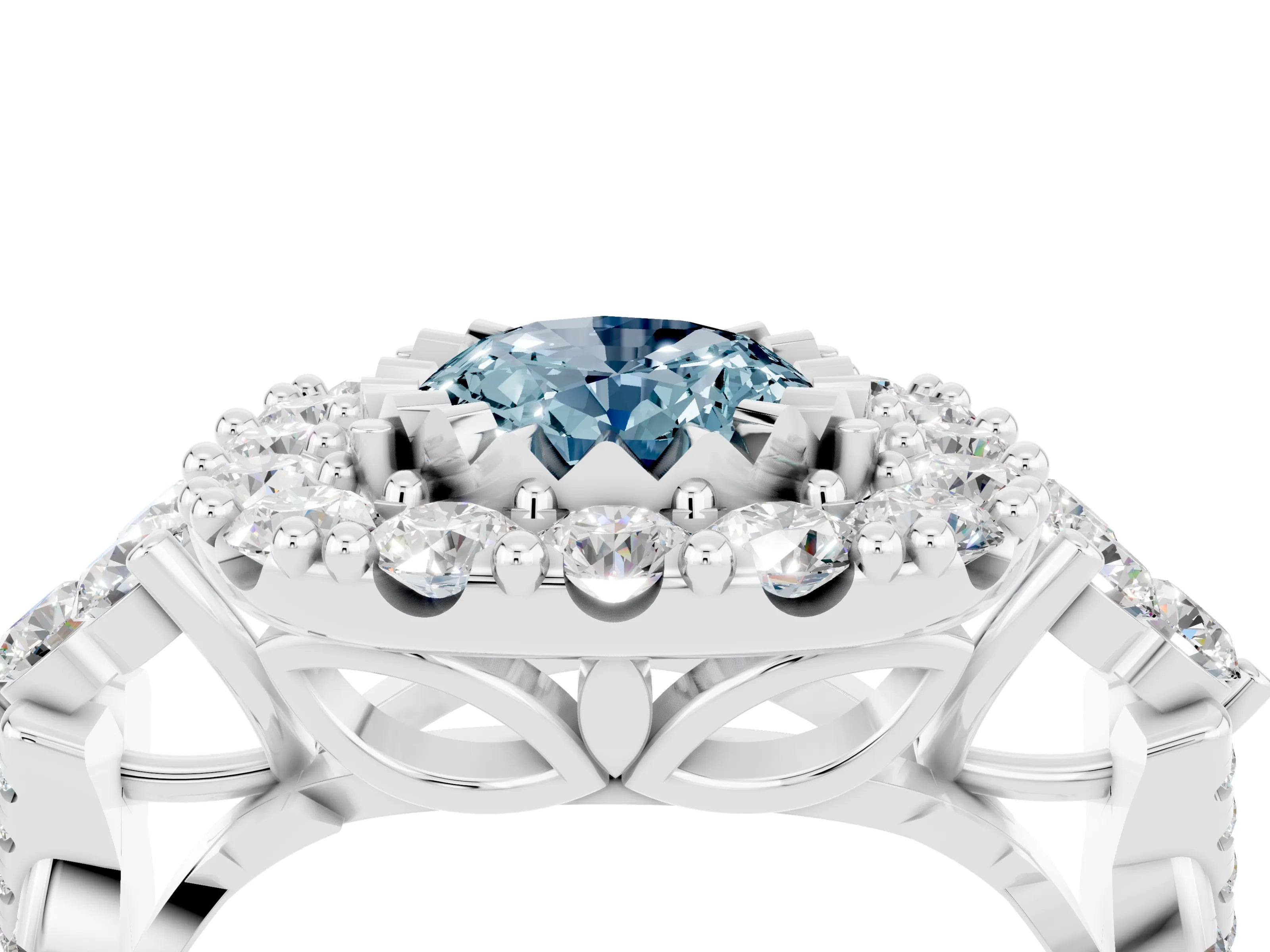 White gold Oval Cut Aquamarine Halo Ring with Pavé Band and Four-Prong Setting_40