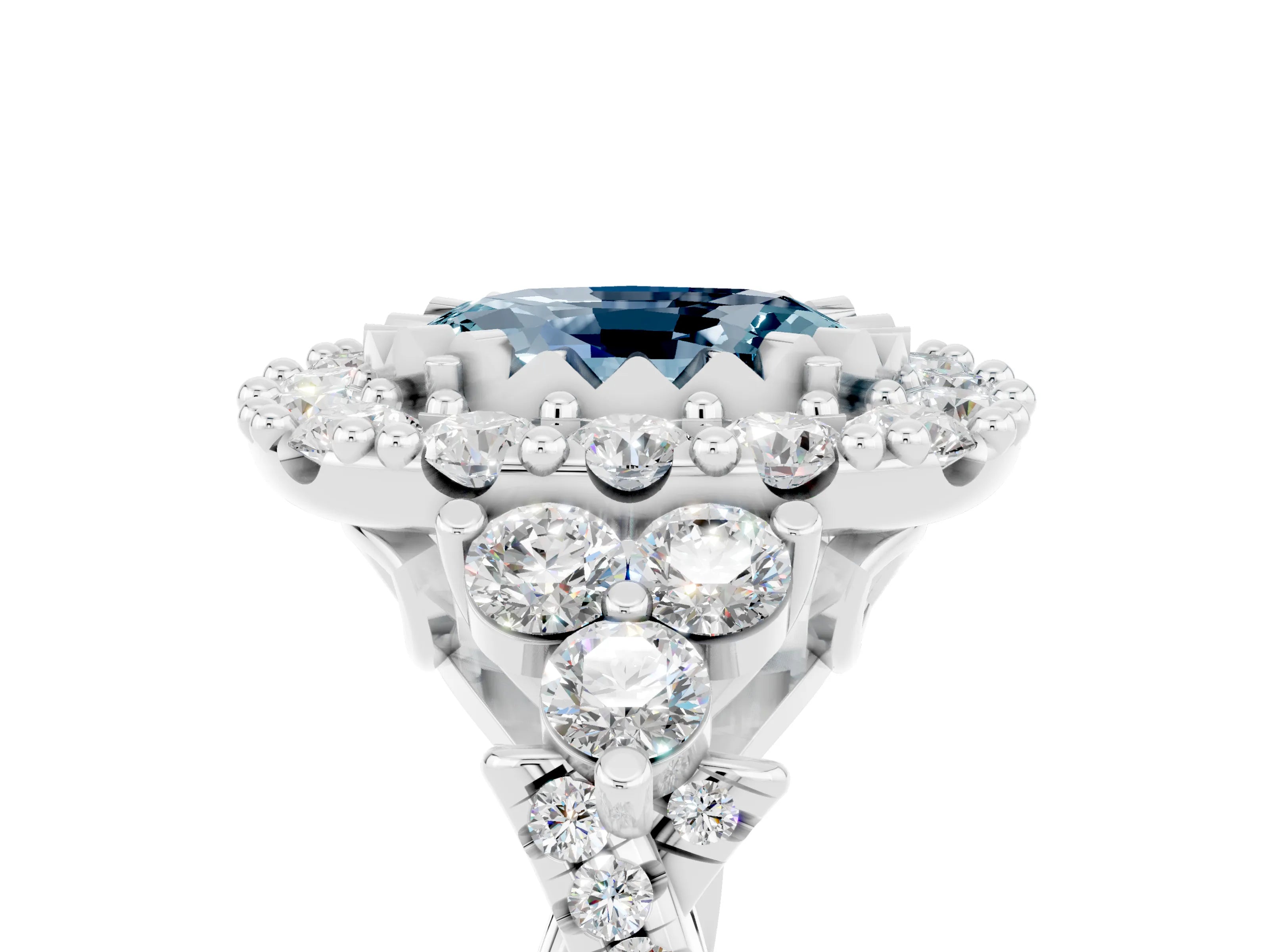 White gold Oval Cut Aquamarine Halo Ring with Pavé Band and Four-Prong Setting_41