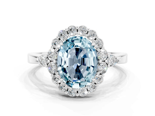 White gold Oval Cut Aquamarine Halo Ring with Pear Side Stones and Prong Setting