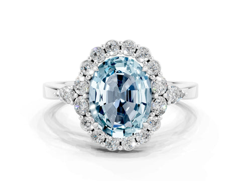 White gold Oval Cut Aquamarine Halo Ring with Pear Side Stones and Prong Setting_24