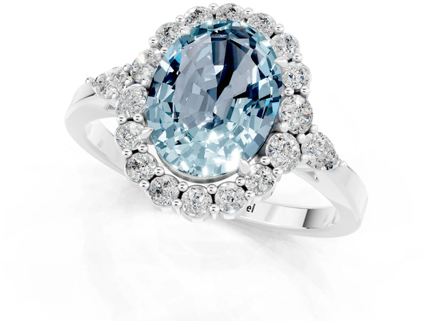 White gold Oval Cut Aquamarine Halo Ring with Pear Side Stones and Prong Setting
