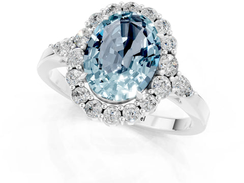 White gold Oval Cut Aquamarine Halo Ring with Pear Side Stones and Prong Setting_25