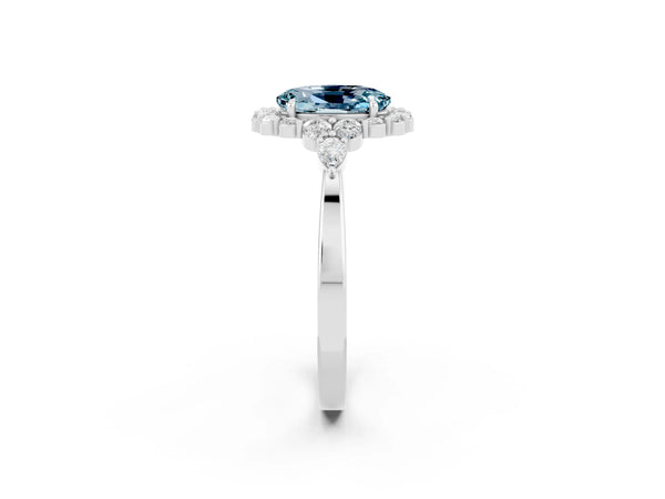 White gold Oval Cut Aquamarine Halo Ring with Pear Side Stones and Prong Setting