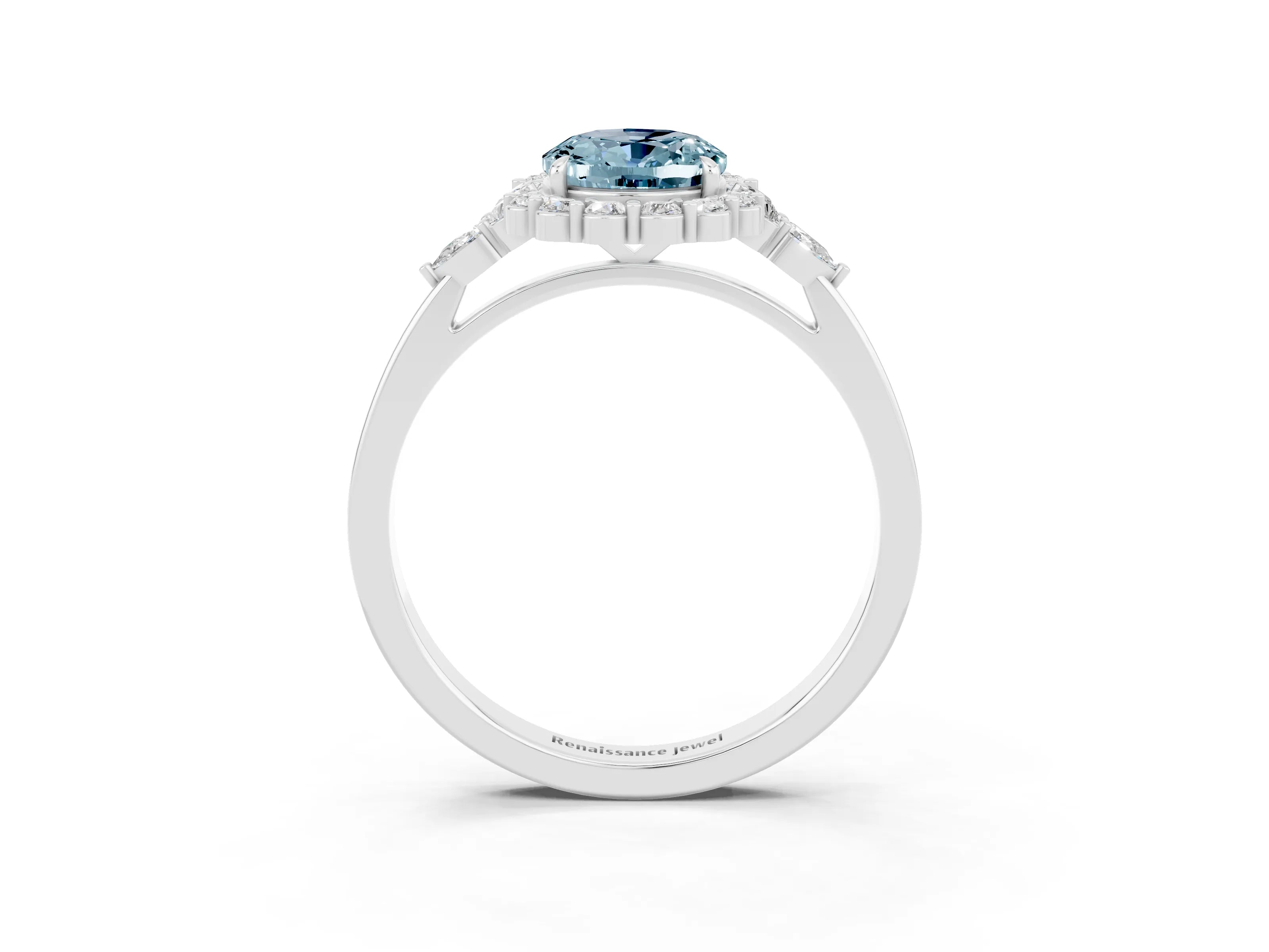 White gold Oval Cut Aquamarine Halo Ring with Pear Side Stones and Prong Setting_27