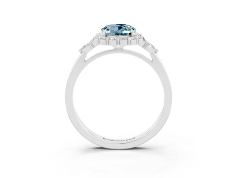 White gold Oval Cut Aquamarine Halo Ring with Pear Side Stones and Prong Setting_27