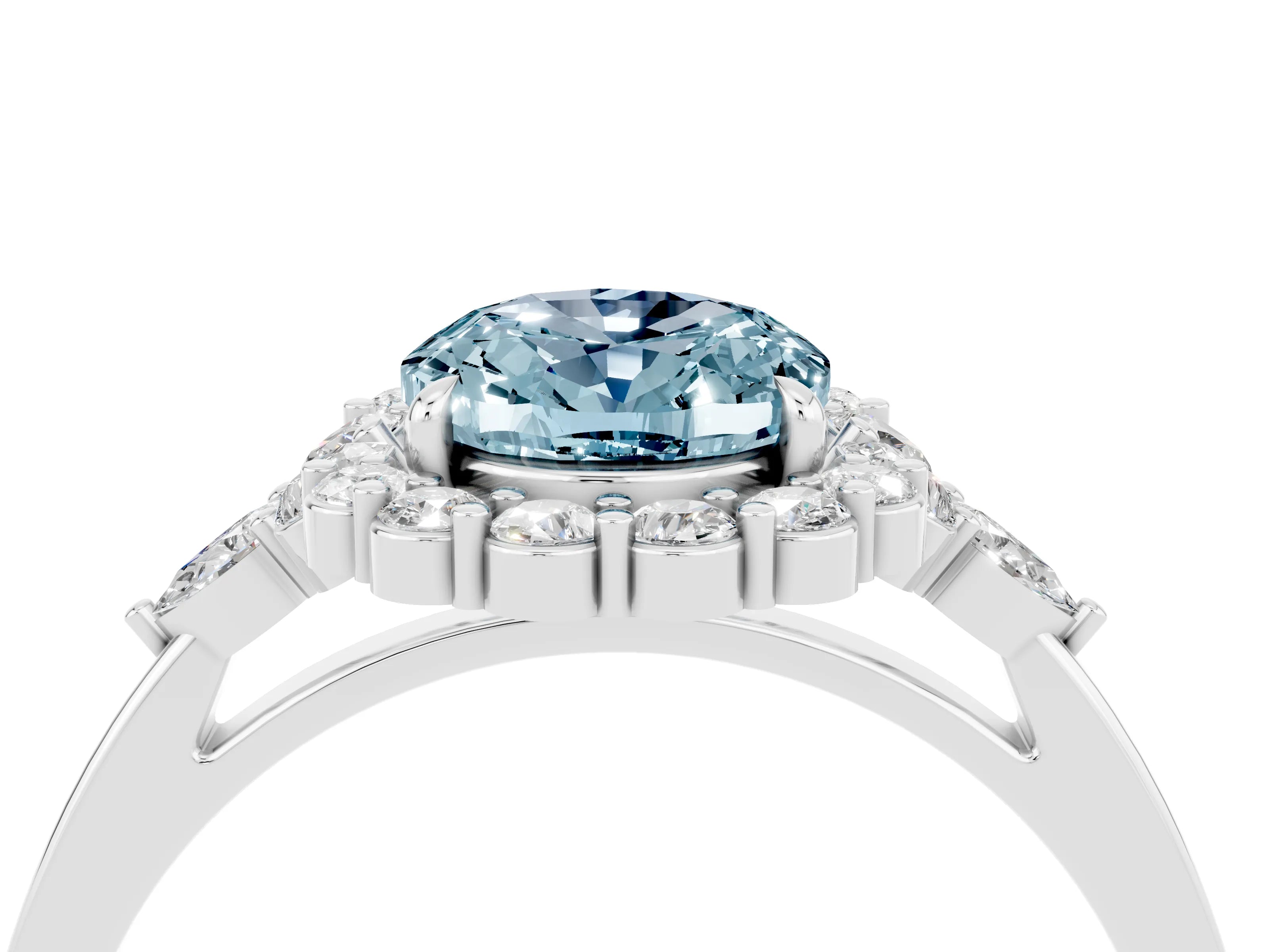 White gold Oval Cut Aquamarine Halo Ring with Pear Side Stones and Prong Setting_28