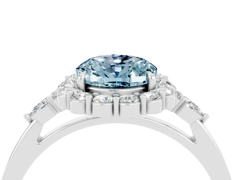 White gold Oval Cut Aquamarine Halo Ring with Pear Side Stones and Prong Setting_28