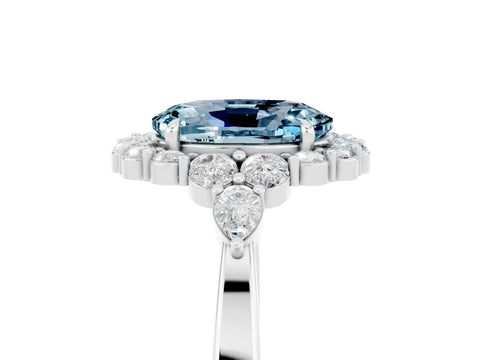 White gold Oval Cut Aquamarine Halo Ring with Pear Side Stones and Prong Setting_29