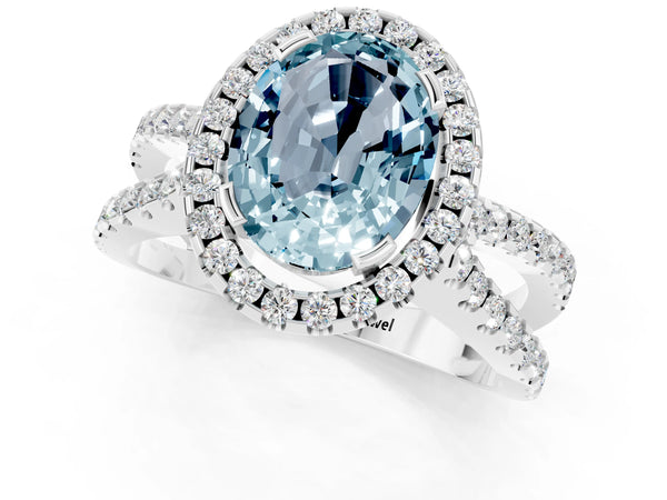 Platinum Oval Cut Aquamarine Halo Ring with Split Shank Pavé Band and Prong Setting