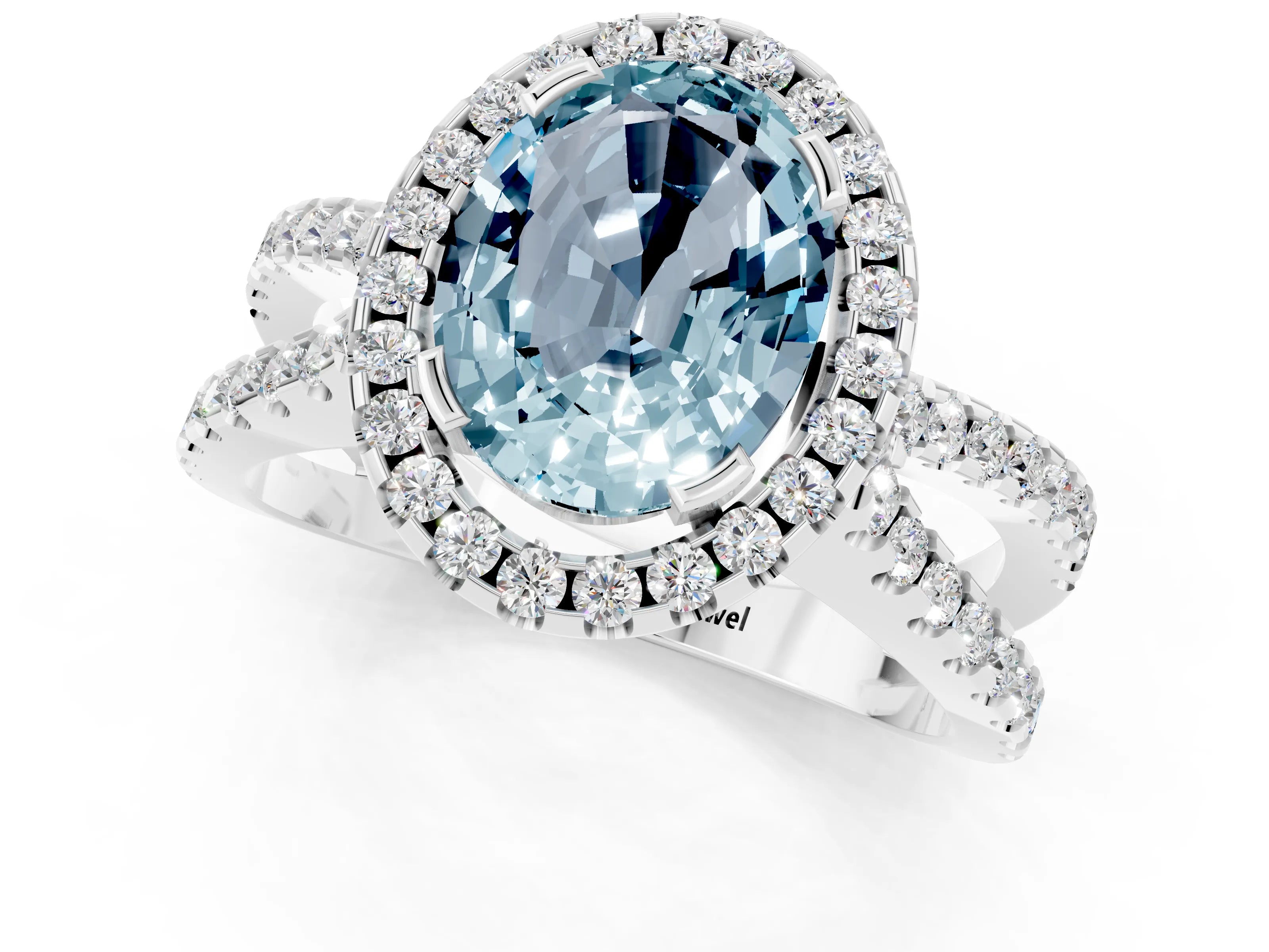 White gold Oval Cut Aquamarine Halo Ring with Split Shank Pavé Band and Prong Setting_1