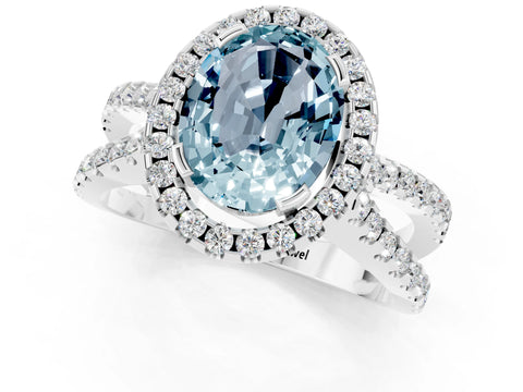 White gold Oval Cut Aquamarine Halo Ring with Split Shank Pavé Band and Prong Setting_1