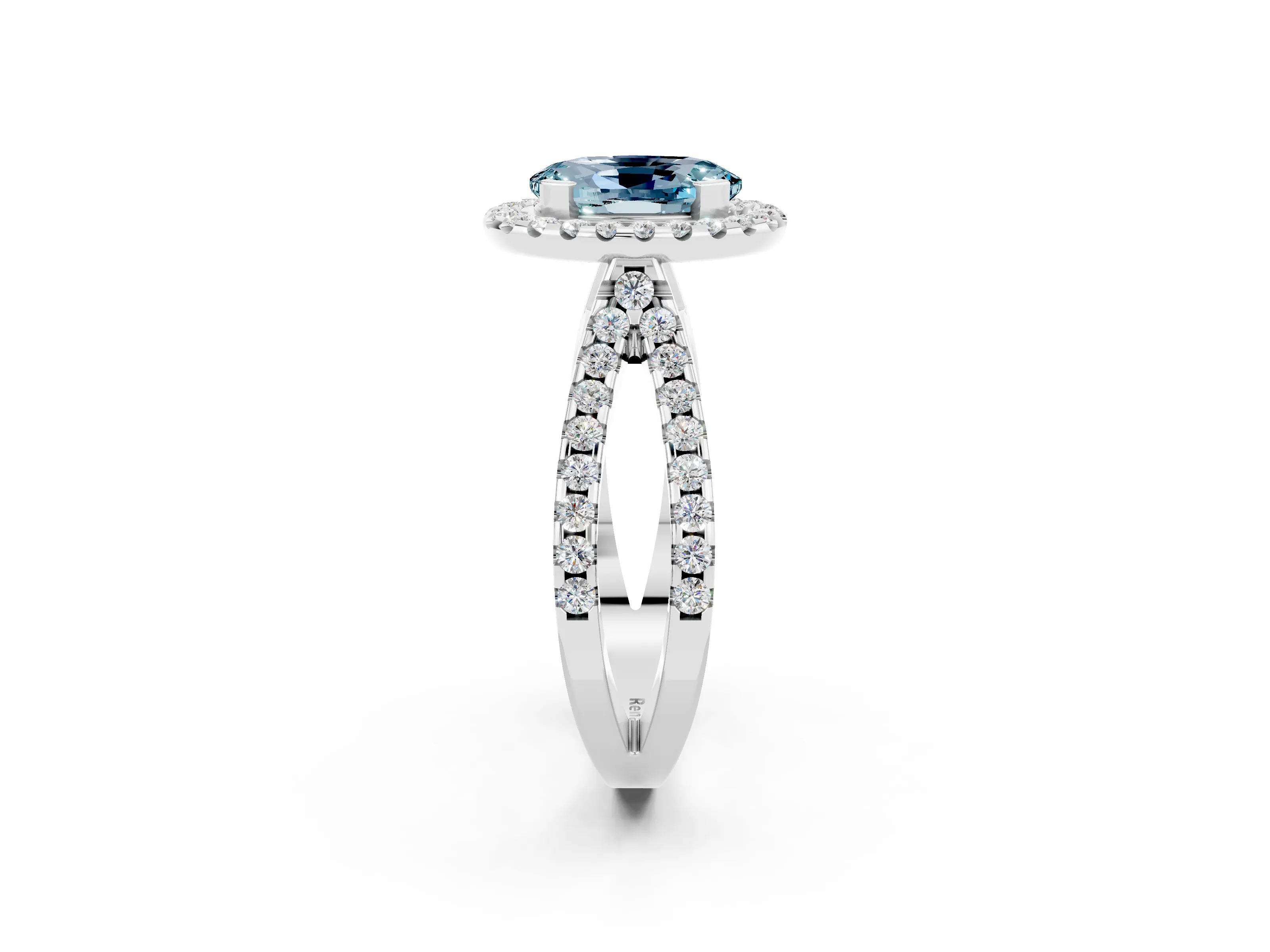 White gold Oval Cut Aquamarine Halo Ring with Split Shank Pavé Band and Prong Setting_2