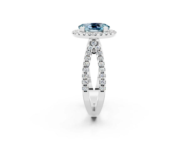 Silver Oval Cut Aquamarine Halo Ring with Split Shank Pavé Band and Prong Setting