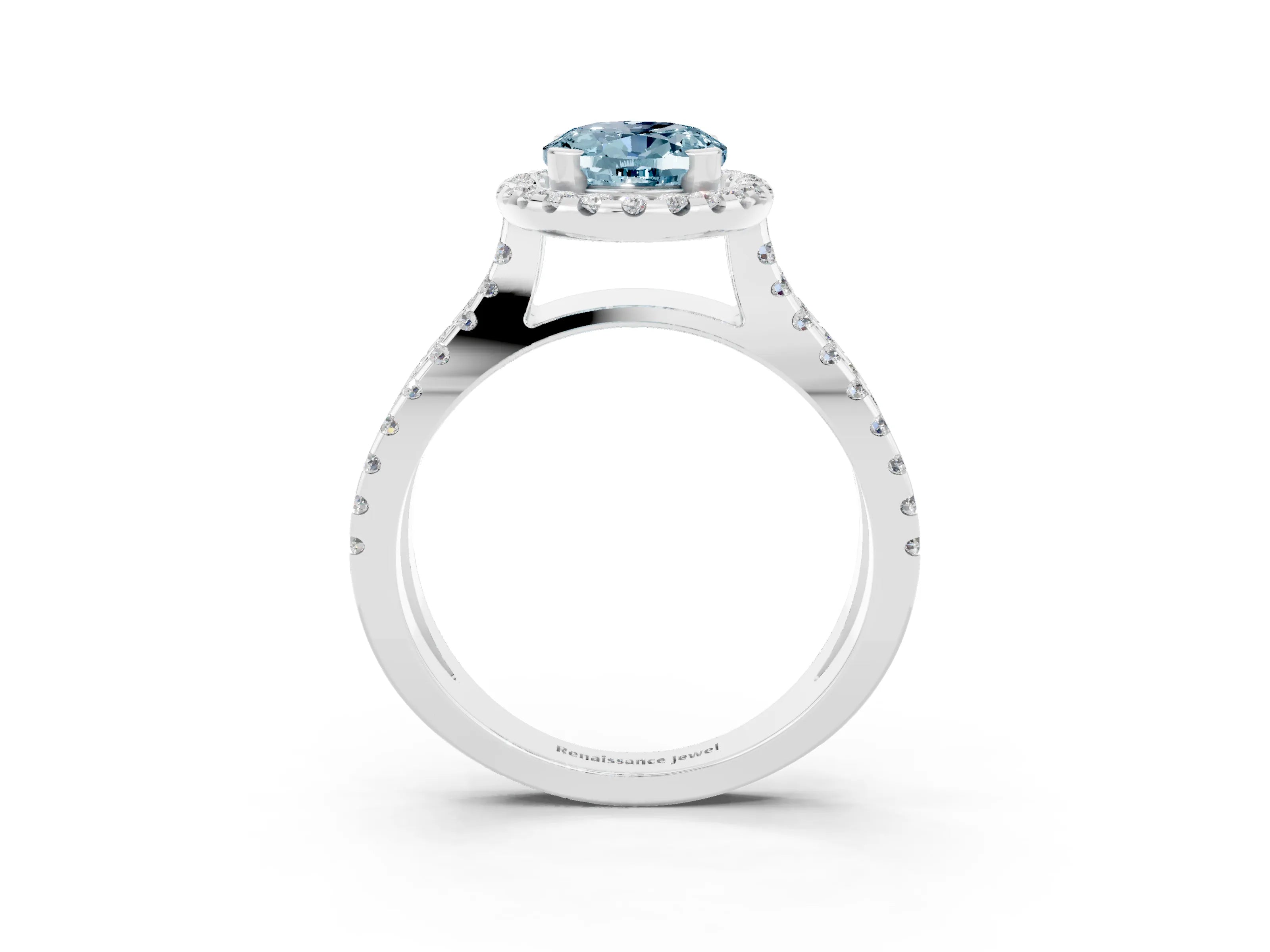 White gold Oval Cut Aquamarine Halo Ring with Split Shank Pavé Band and Prong Setting_3