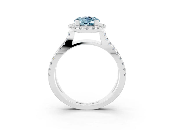 White gold Oval Cut Aquamarine Halo Ring with Split Shank Pavé Band and Prong Setting