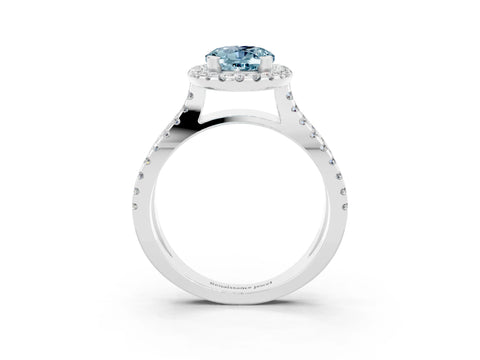 White gold Oval Cut Aquamarine Halo Ring with Split Shank Pavé Band and Prong Setting_3