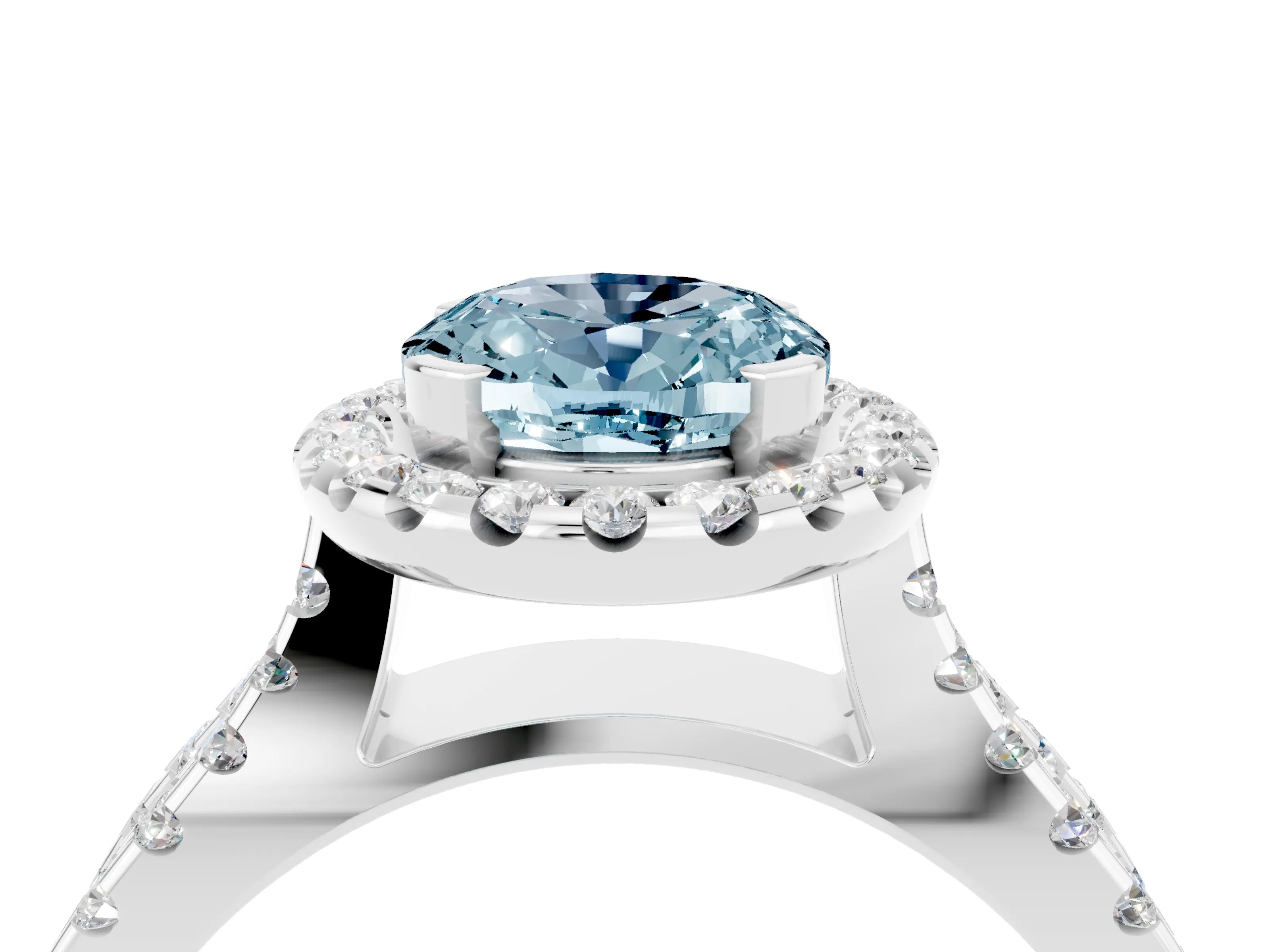 White gold Oval Cut Aquamarine Halo Ring with Split Shank Pavé Band and Prong Setting_4