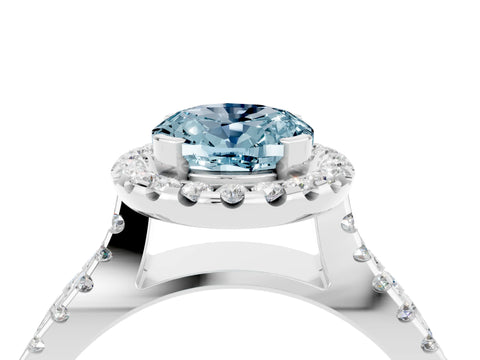 White gold Oval Cut Aquamarine Halo Ring with Split Shank Pavé Band and Prong Setting_4