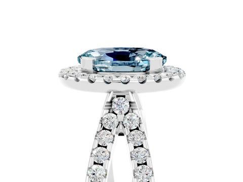 White gold Oval Cut Aquamarine Halo Ring with Split Shank Pavé Band and Prong Setting_5