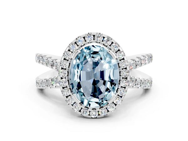 Silver Oval Cut Aquamarine Halo Ring with Split Shank Pavé Band and Prong Setting