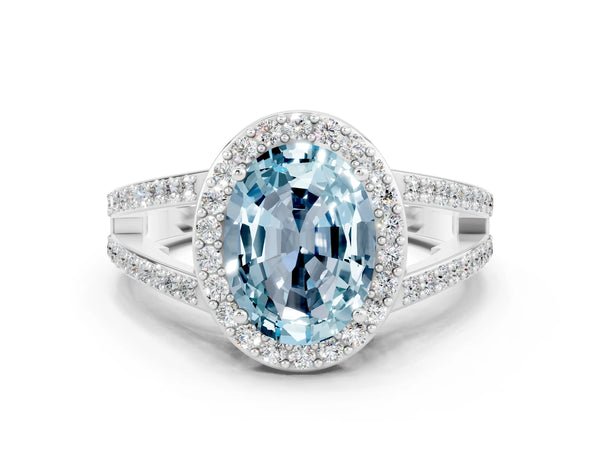 Platinum Oval Cut Aquamarine Halo Ring with Split Shank U-Prong Band and Four-Prong Setting
