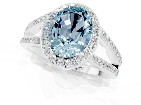 White gold Oval Cut Aquamarine Halo Ring with Split Shank U-Prong Band and Four-Prong Setting_1