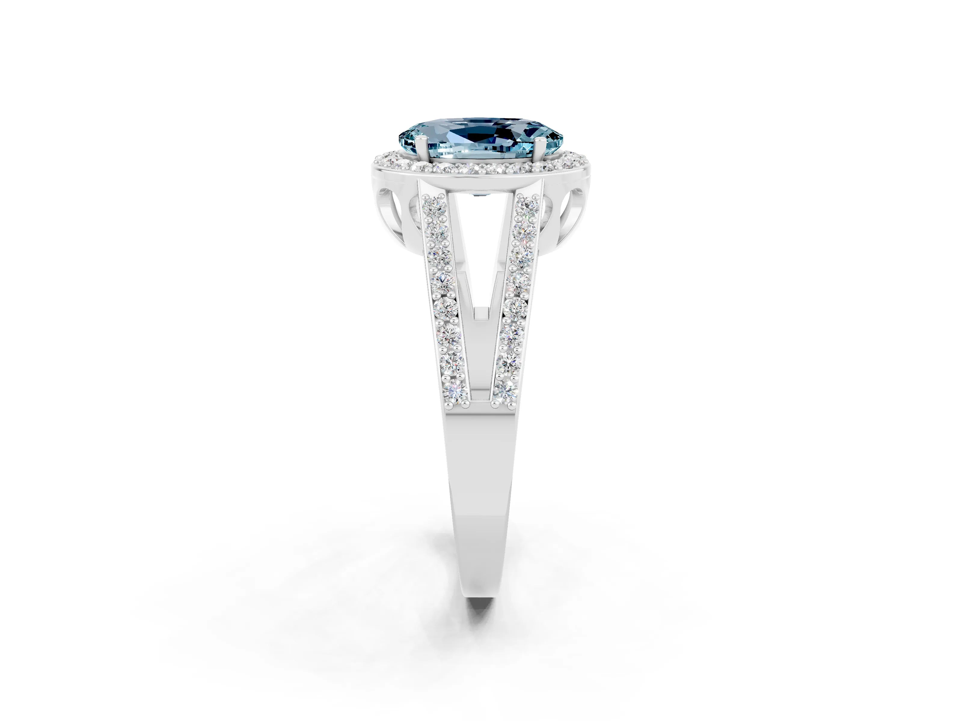 White gold Oval Cut Aquamarine Halo Ring with Split Shank U-Prong Band and Four-Prong Setting_2