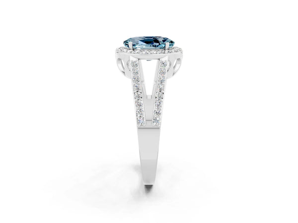 Platinum Oval Cut Aquamarine Halo Ring with Split Shank U-Prong Band and Four-Prong Setting