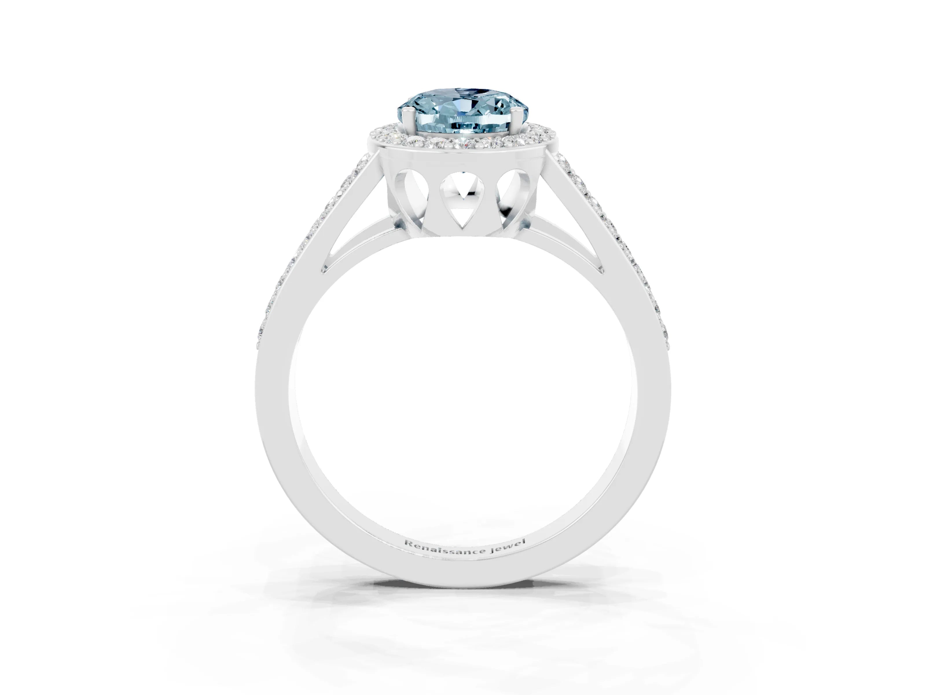White gold Oval Cut Aquamarine Halo Ring with Split Shank U-Prong Band and Four-Prong Setting_3