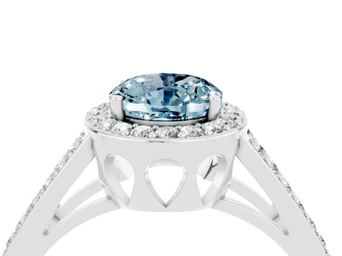 White gold Oval Cut Aquamarine Halo Ring with Split Shank U-Prong Band and Four-Prong Setting_4